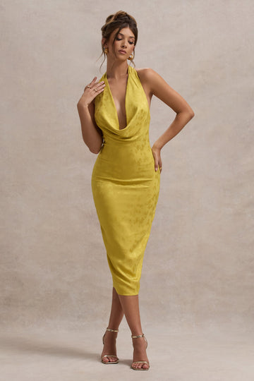 Maciza Mustard Satin Jacquard Cowl-Neck Midi Dress